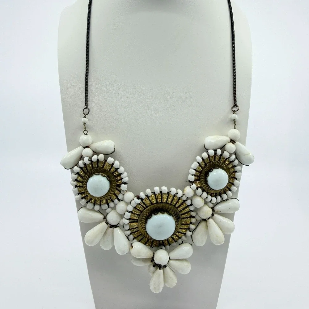 VTG White Faux Stone Brass Tone Bib Necklace Boho Chunky Statement Costume Goth
